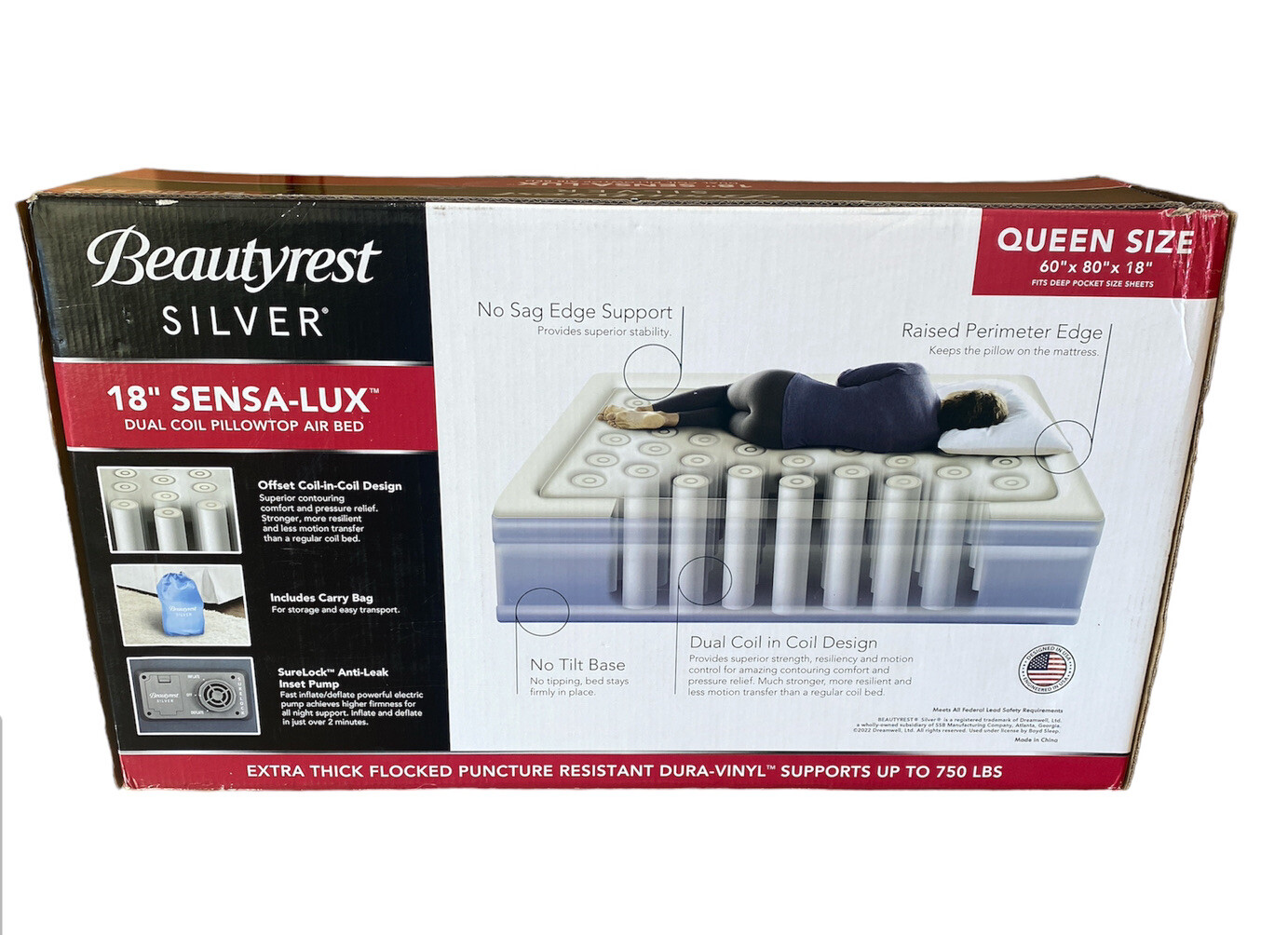 0188) Beautyrest Silver 18″ Sensa-Lux Dual Coil Pillow Top Air Mattress Queen Sz