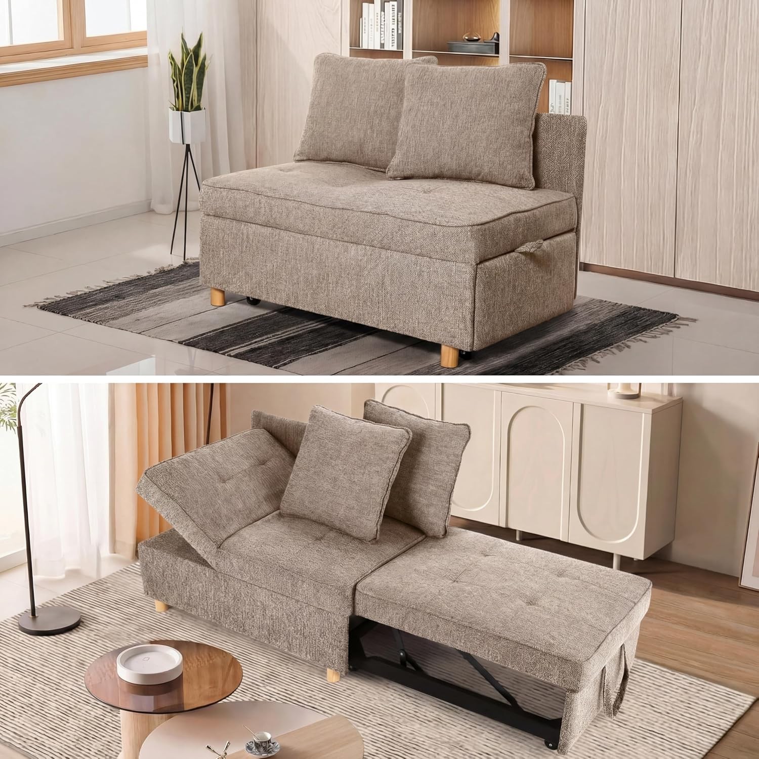 Sofa Bed Chair 4-in-1 Convertible Chair Bed, 3-Seat Linen Fabric