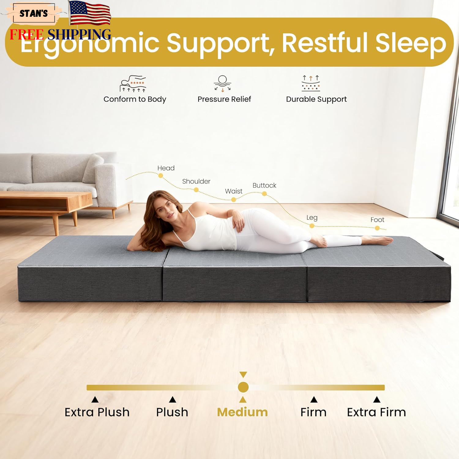 Tri Folding Mattress Queen Size 6 Inch Dual Layer Memory Foam Foldable Mattress