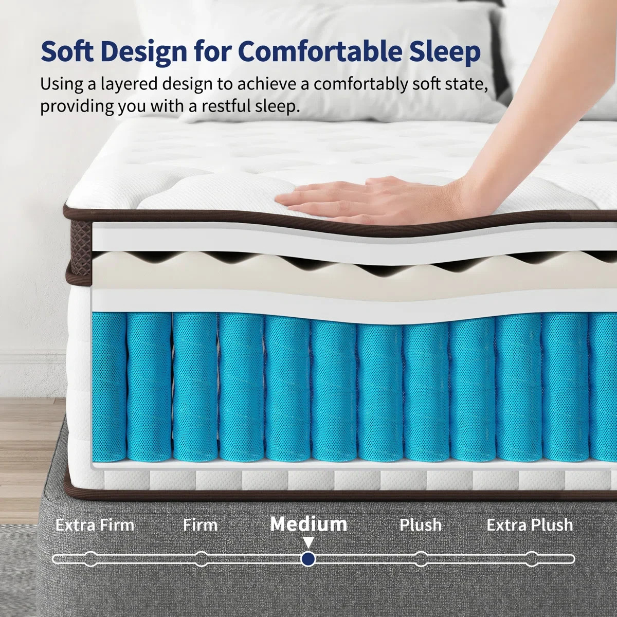 Kescas Hybrid Mattress, Medium Firm, Bamboo Infused Charcoal Memory Foam & Zoned
