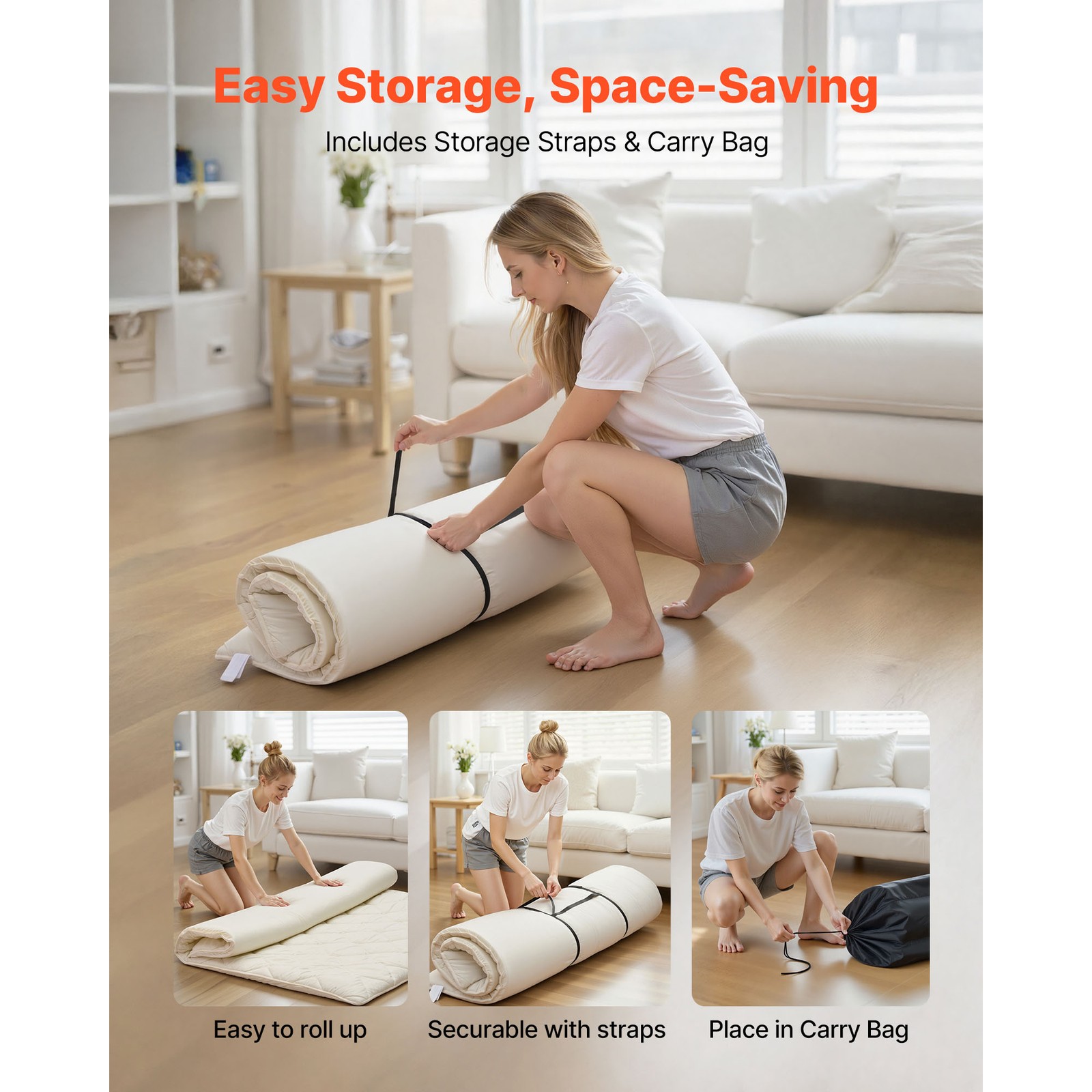 Uimoso Japanese Tatami Mattress Queen Size Foldable Futon with Storage Bag White