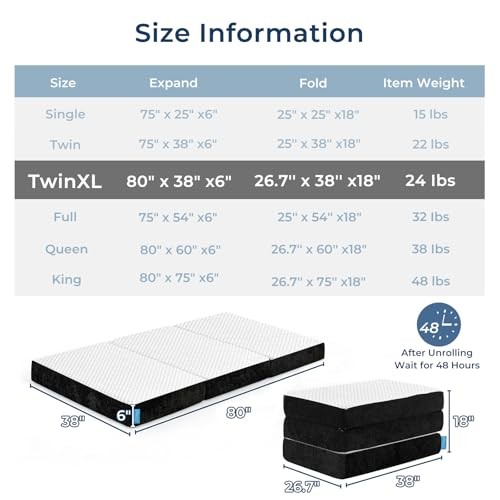 Odorless Foldable Mattress 80″ x 38″ x 6″ Folding Foam Mattress Twin XL 6 Inch