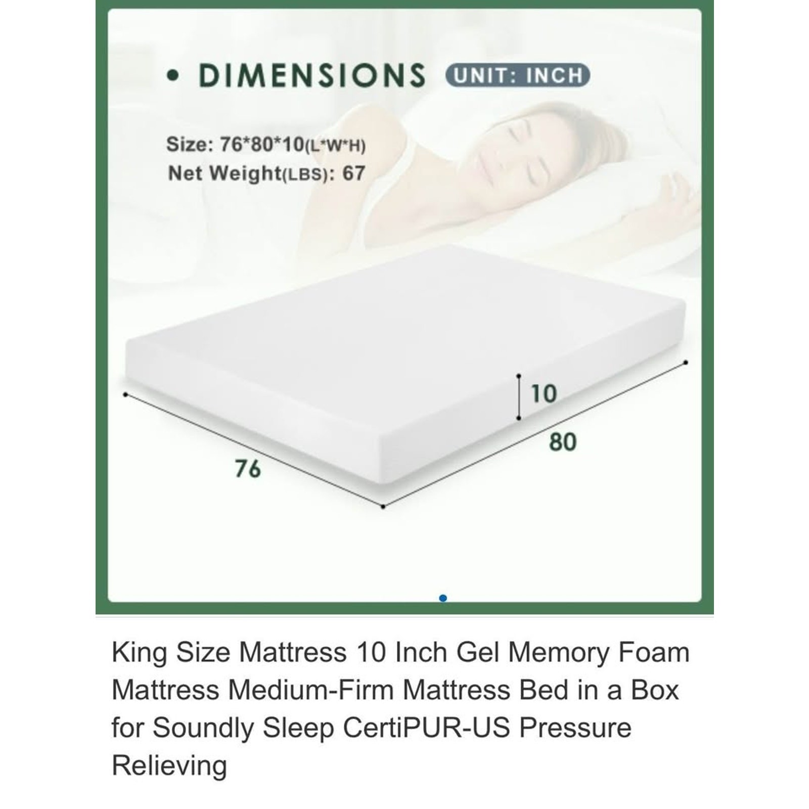 King Size Mattress 10 Inch Gel Memory Foam Mattress Medium-Firm Mattress
