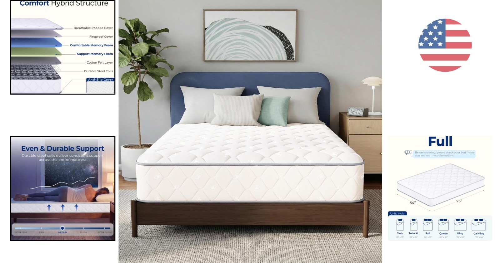 Versatile Full Size 8-Inch Hybrid Mattress with Cooling Gel & Eco-Friendly Cover