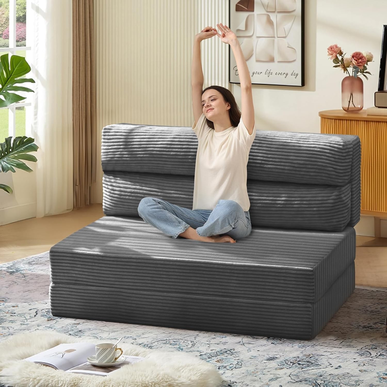 Folding Sofa Bed Convertible Sleeper Chair W/ Pilow Foldable Matress 2 in 1 Pull