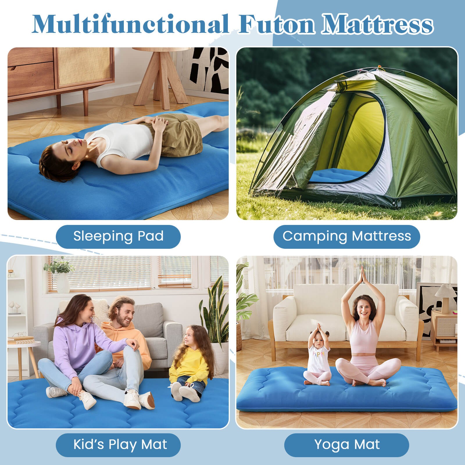 Twin Futon Mattress Japanese Floor Sleeping Pad Washable Cover Carry Bag Blue