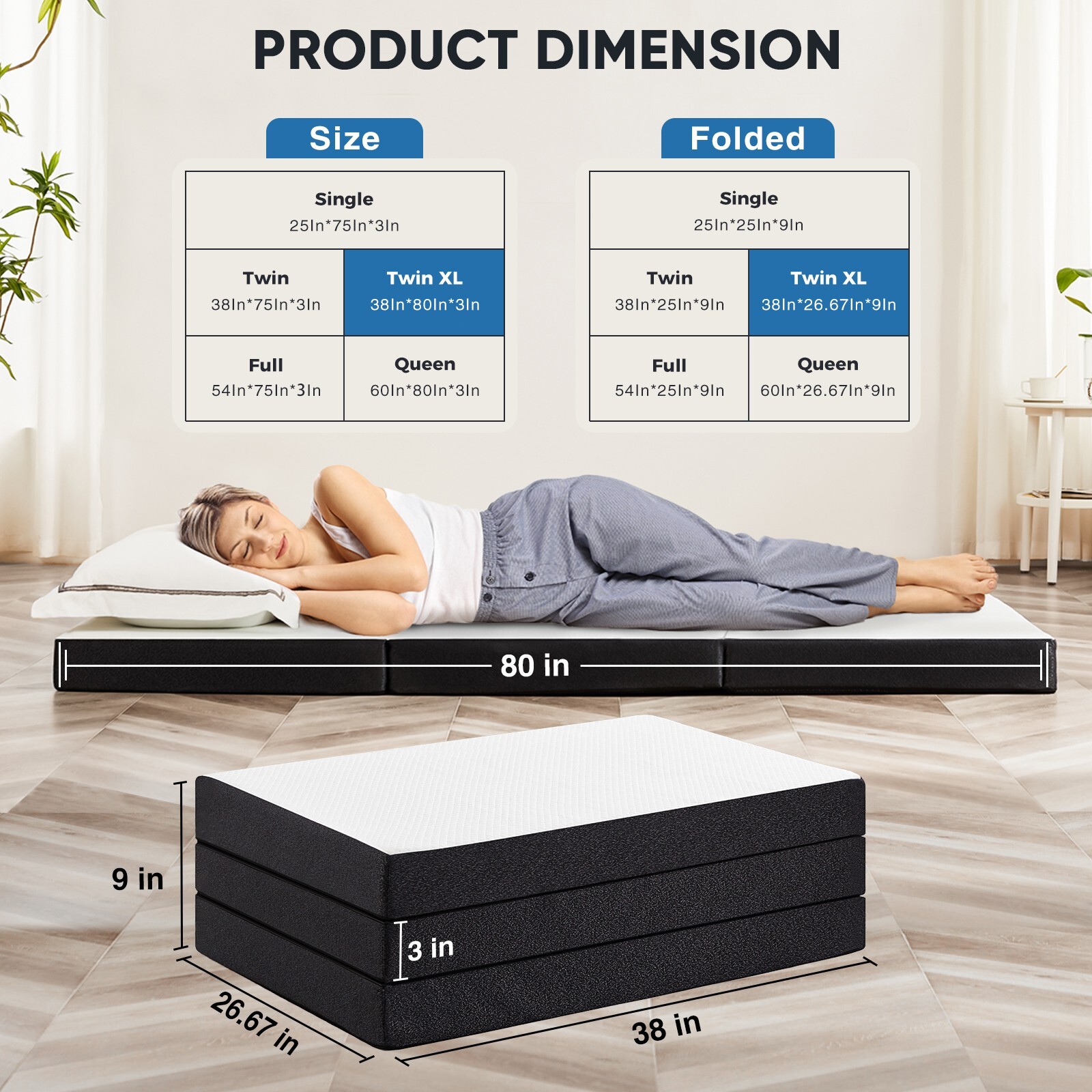 Tri-fold Memory Foam Mattress, Portable Floor Bed, Foldable Mat for Bedroom