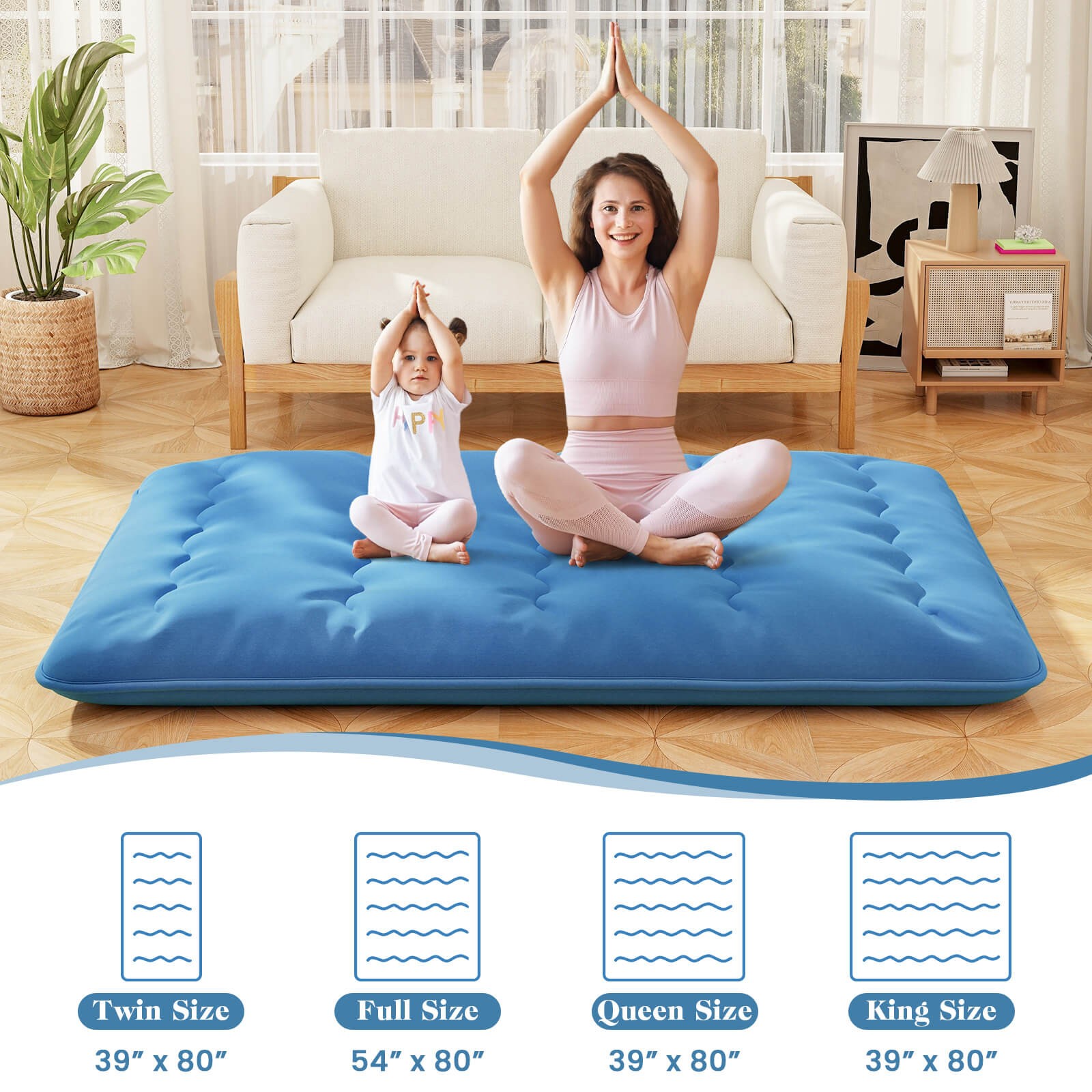 Queen Futon Mattress Japanese Floor Sleeping Pad Washable Cover Carry Bag Blue