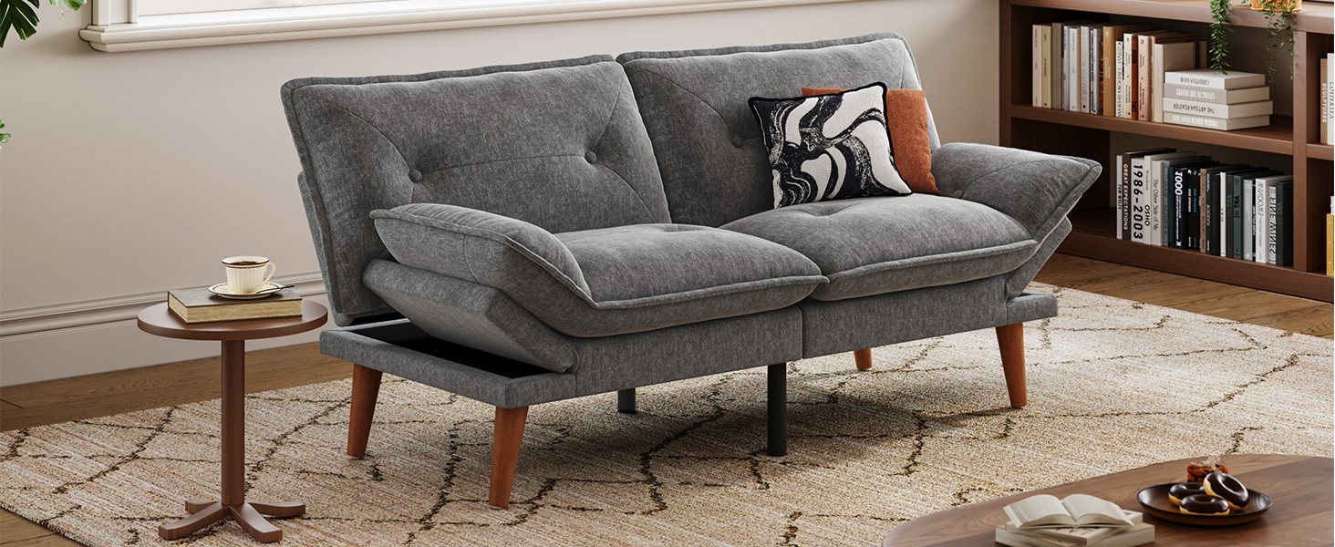 Futon Sofa Bed, 70″ Chenille Futon Couch with Adjustable