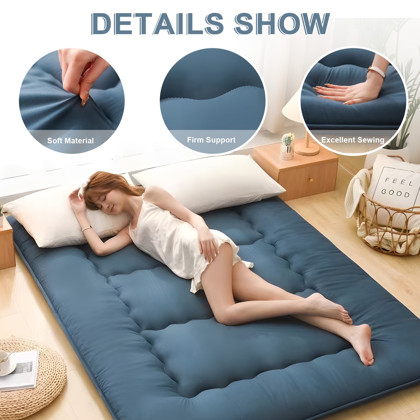 Foldable Japanese Floor Mattress Roll Up Futon Tatami Mat for Camping Guest Room