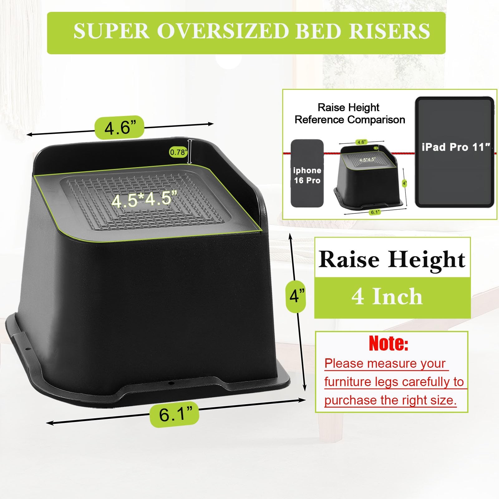 Bed Risers 2 inch, 3 4 6 8 4 Inch, Black 4 Pack