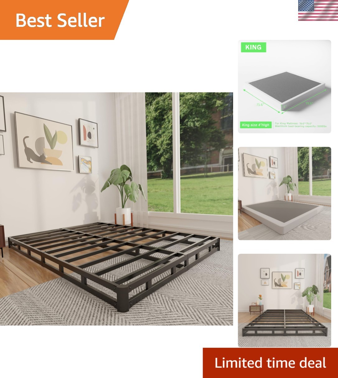 King Box Spring 4 Inch Low Profile Mattress Foundation Metal Bed Base