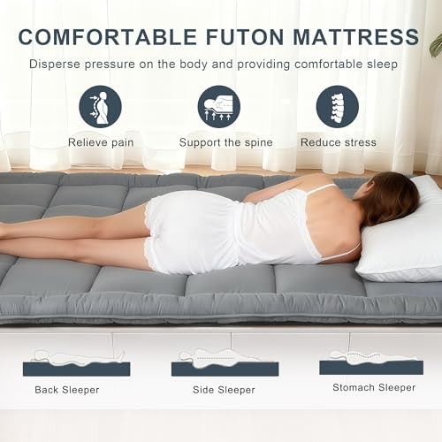 Japanese Floor Mattress Futon, Thick 5-Layer Roll Up Foldable Twin Grey