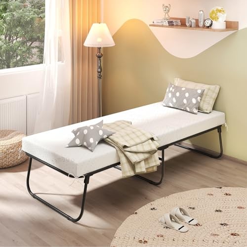 Folding Bed with Mattress, 75″ x 31″ Rollaway Guest Bed with Memory Foam &
