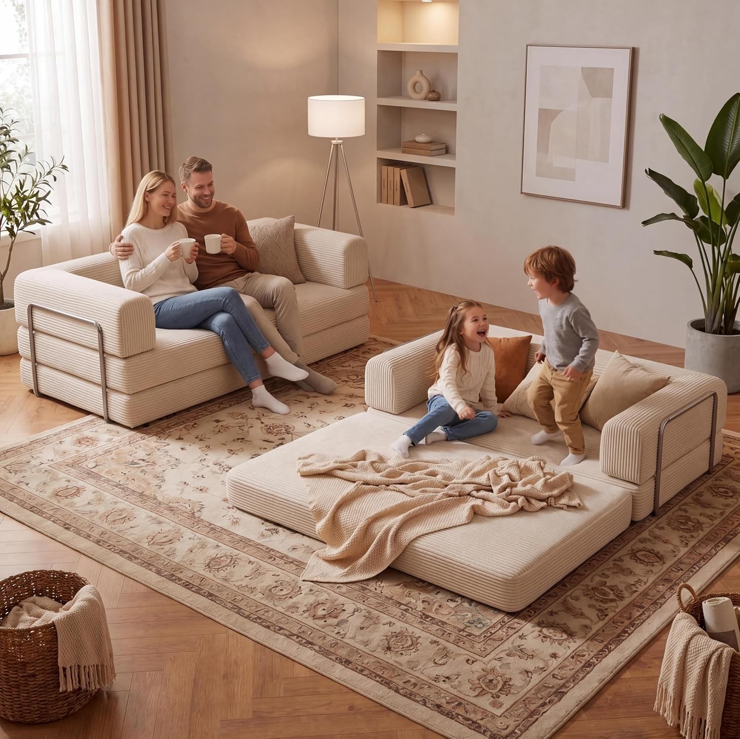79″ 5-in-1 Convertible Sleeper Sofa Bed, No Assembly Corduroy Modular