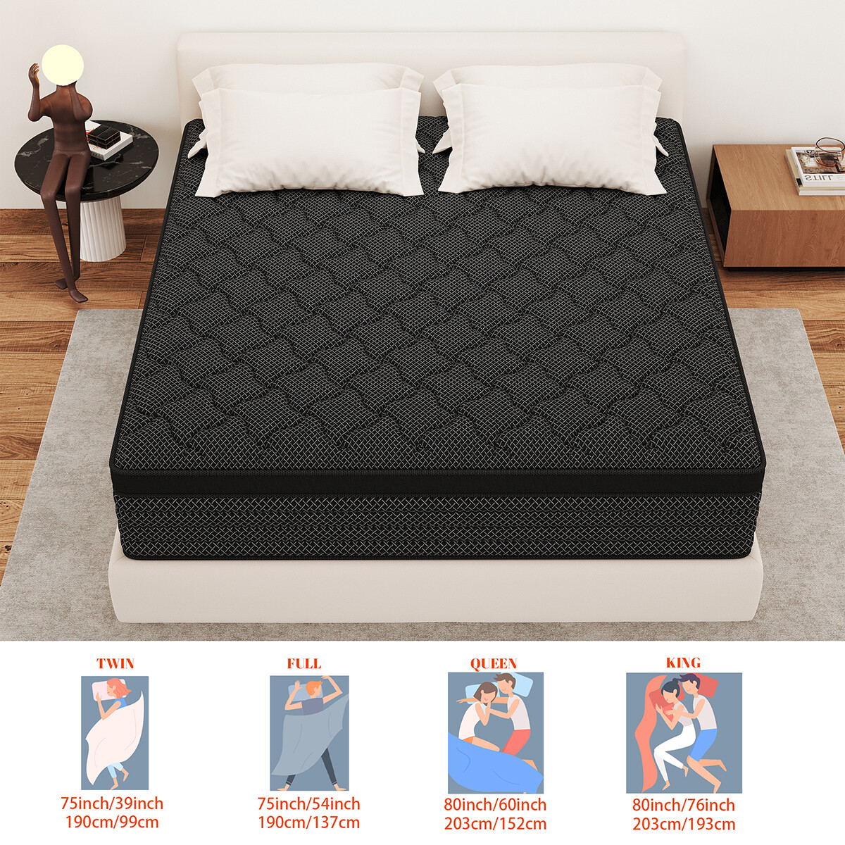 12″/14″ Hybrid Mattress In a Box Memory Foam Springs Twin Full Queen King Size