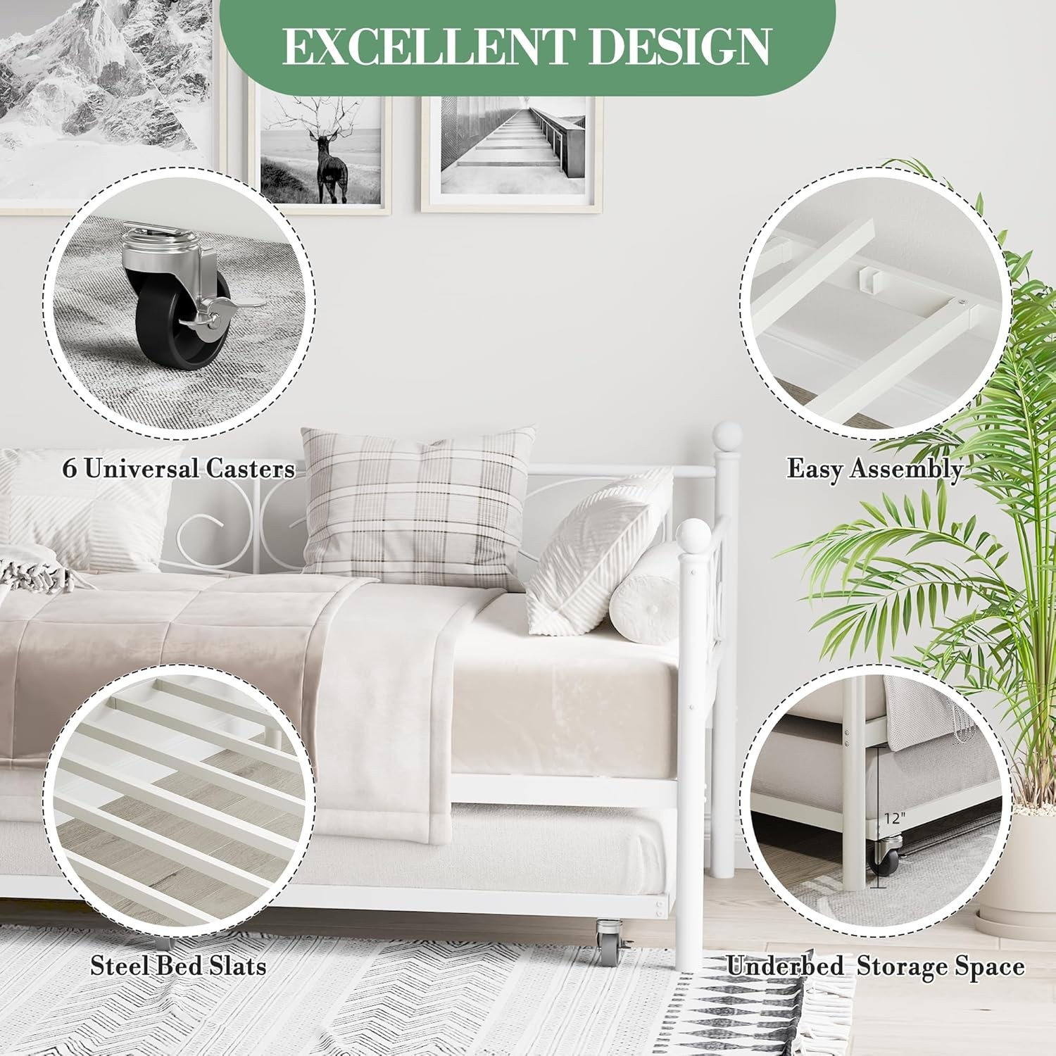 Twin Daybed with Trundle Bed, Space-Saving Metal Day Bed Fre with Floral