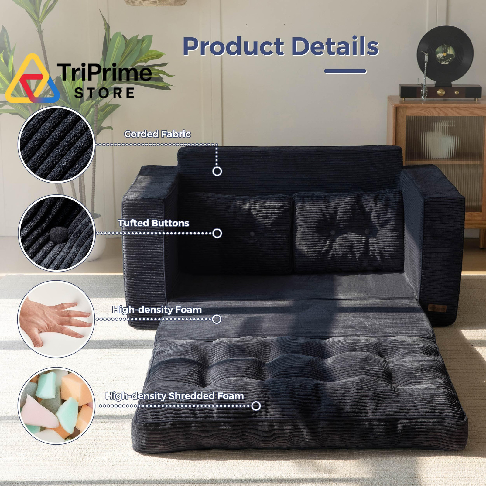 MAXYOYO Convertible Sofa Bed, Pull Out Loveseat 59″ Tri-fold Loveseat, Black