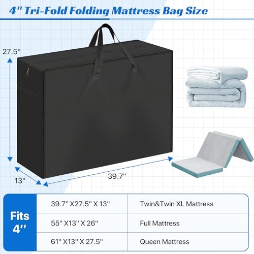 Foldable Mattress Storage Bag, Fits 4″ Twin & Twin XL Trifold Mattress Black