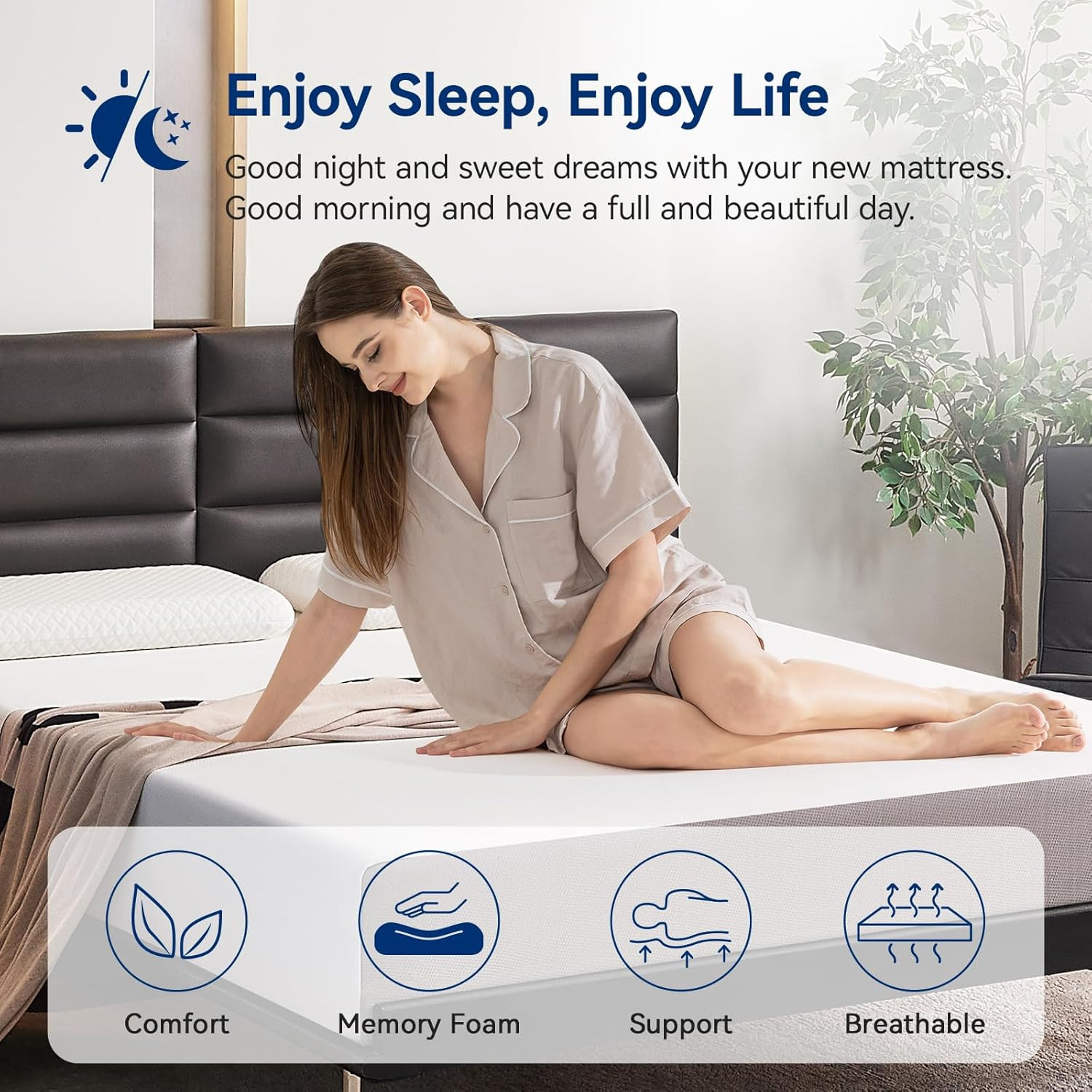 Breathable Memory Foam Mattress, Soft Plush Feel, 10 Inch, Queen, White/Grey