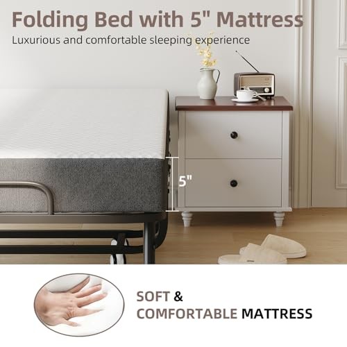 Folding Bed with Mattress and Storage Cover – 75″x38″ Twin Size 38×75 INCH