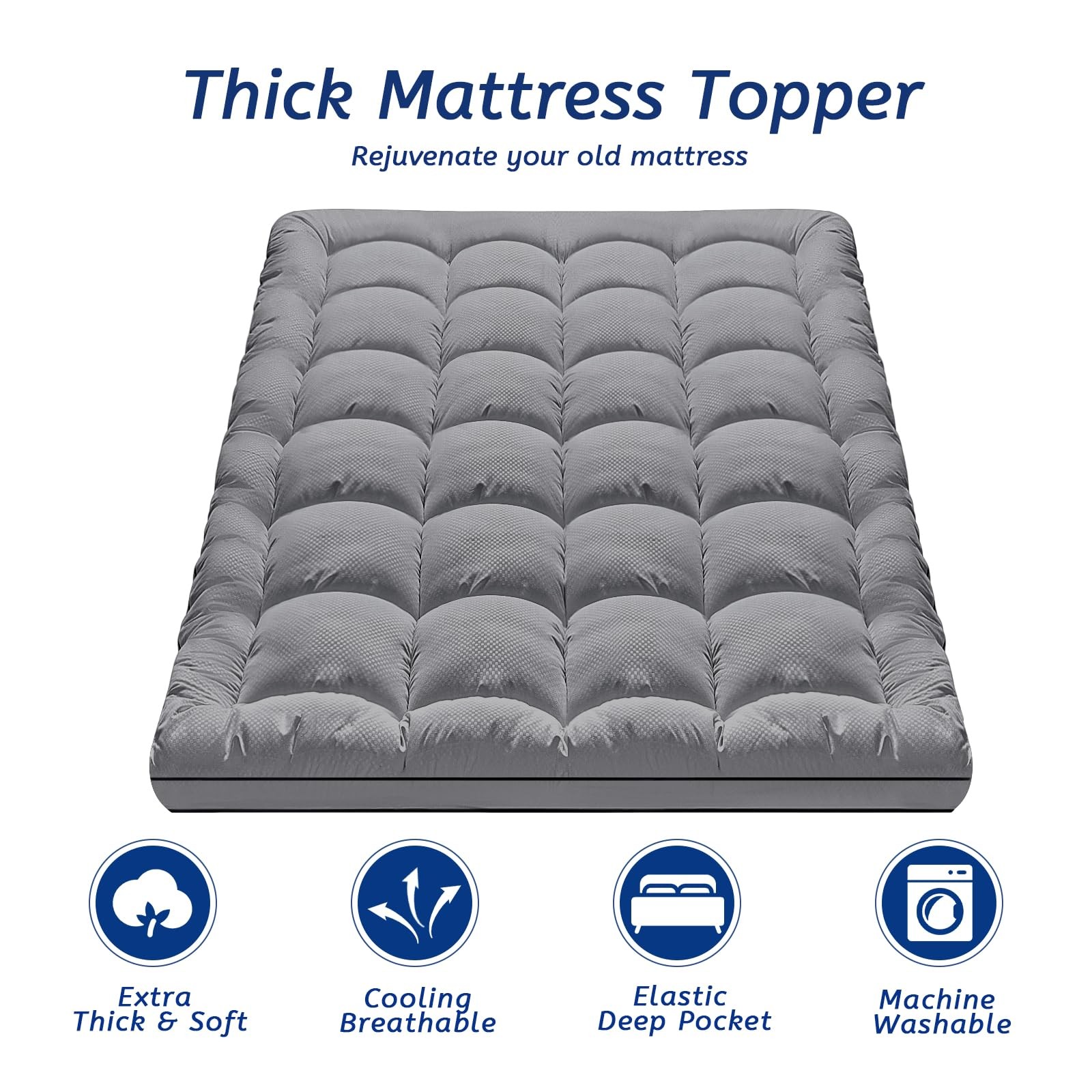 Extra Thick Twin Mattress Topper, 39″x75″, Dark Grey, Breathable, Quilted Fit…