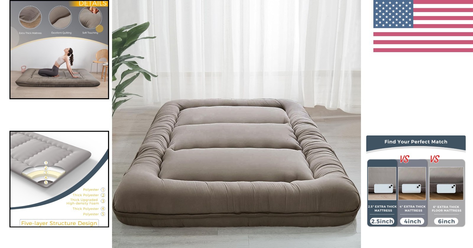 6-Inch Extra Thick Japanese Floor Mattress – Queen, Dark Grey, Foldable Design