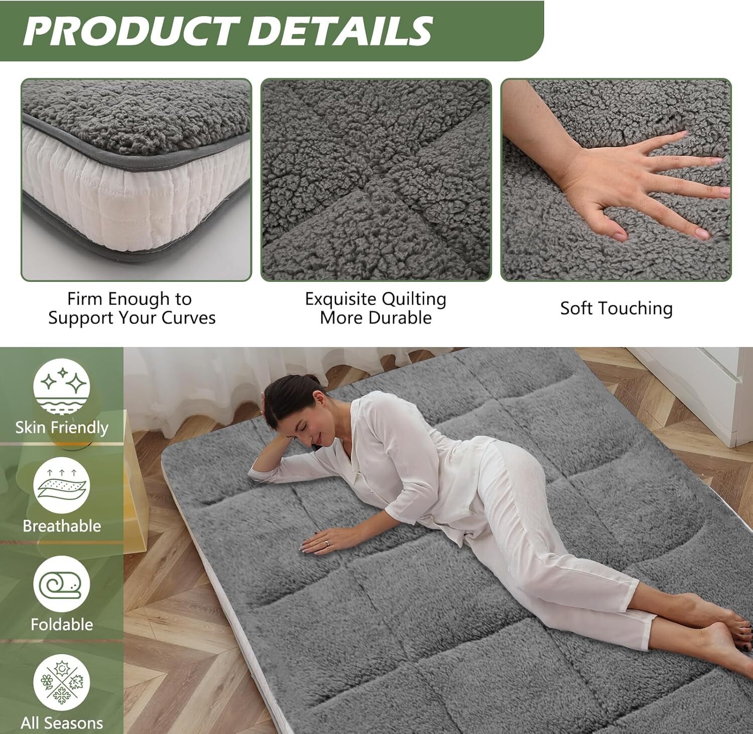 MOPHOTO Japanese Mattress Futon Mattress Foldable Sherpa Fleece Mattress Topper