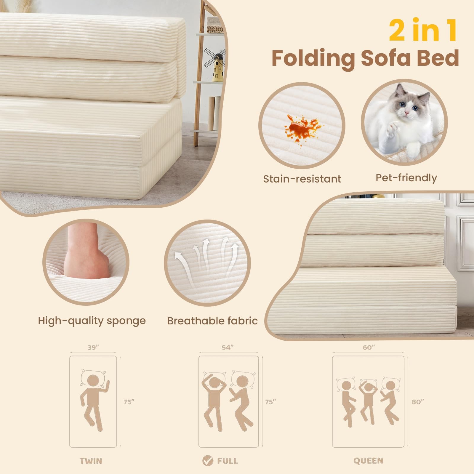 JUIKURY Folding Sofa Bed, Convertible Sleeper Chair with Pilow Full, Beige