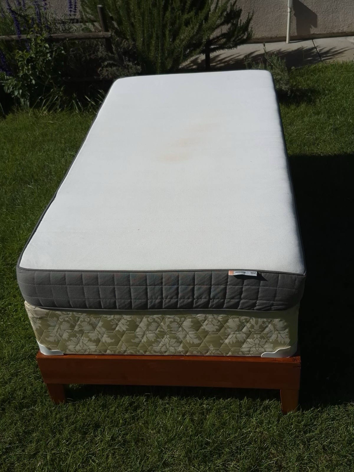 Twin Firm Quilted Mattress White Gray Beige Fabric Cover with a Wooden Bed frame