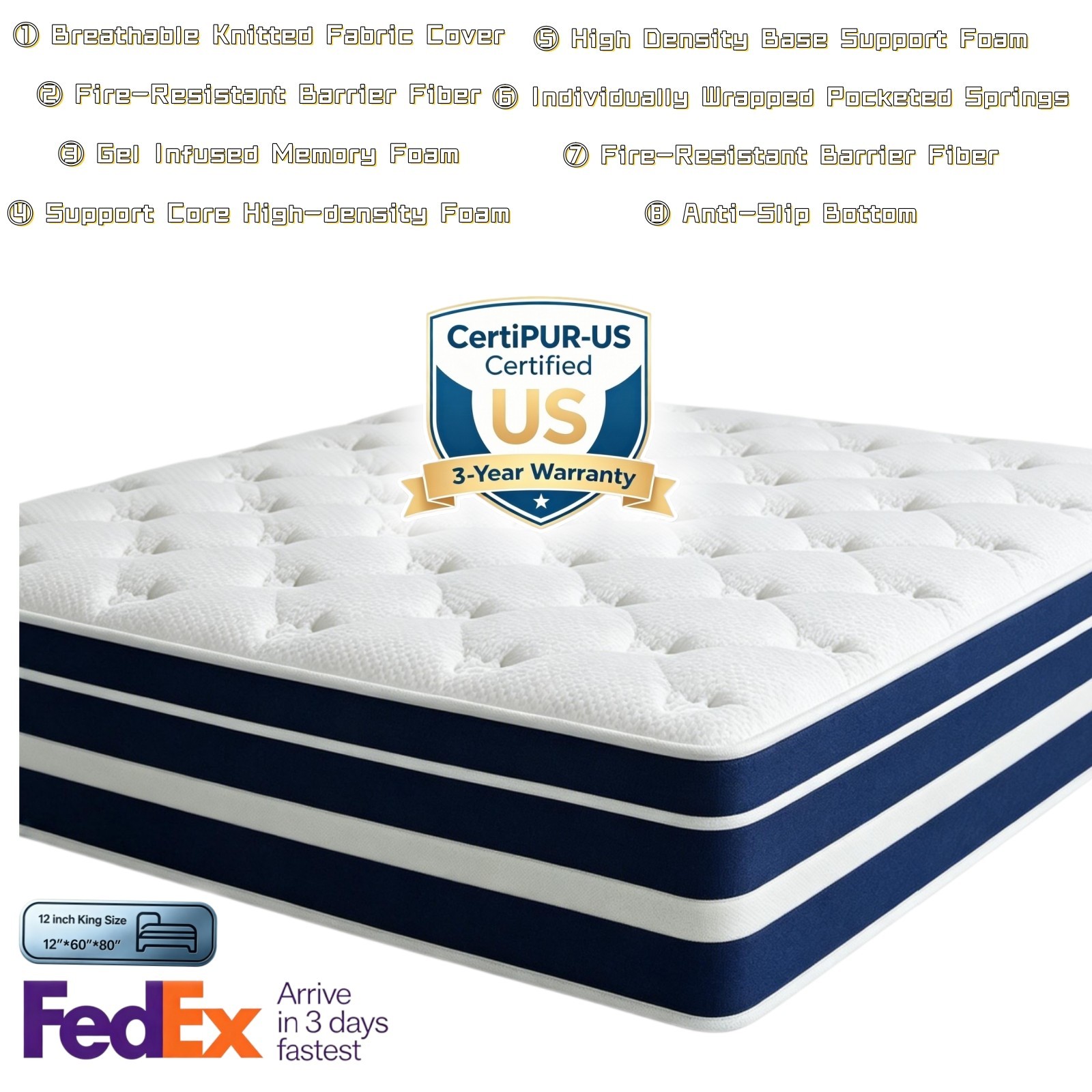 12in Gel Memory Foam & Spring Hybrid Mattress Breathable King size Bed In a Box