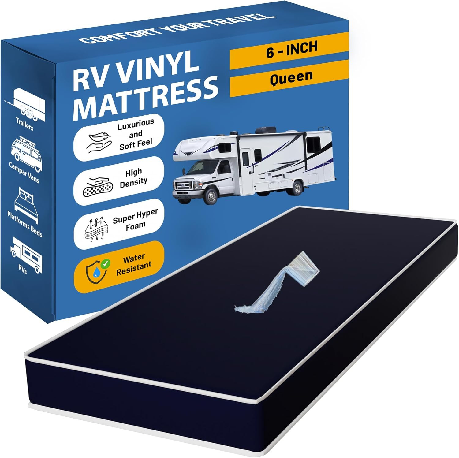 6-Inch Queen Foam Mattress, Medium Firm, Water-Resistant, Easy to Clean, Blue