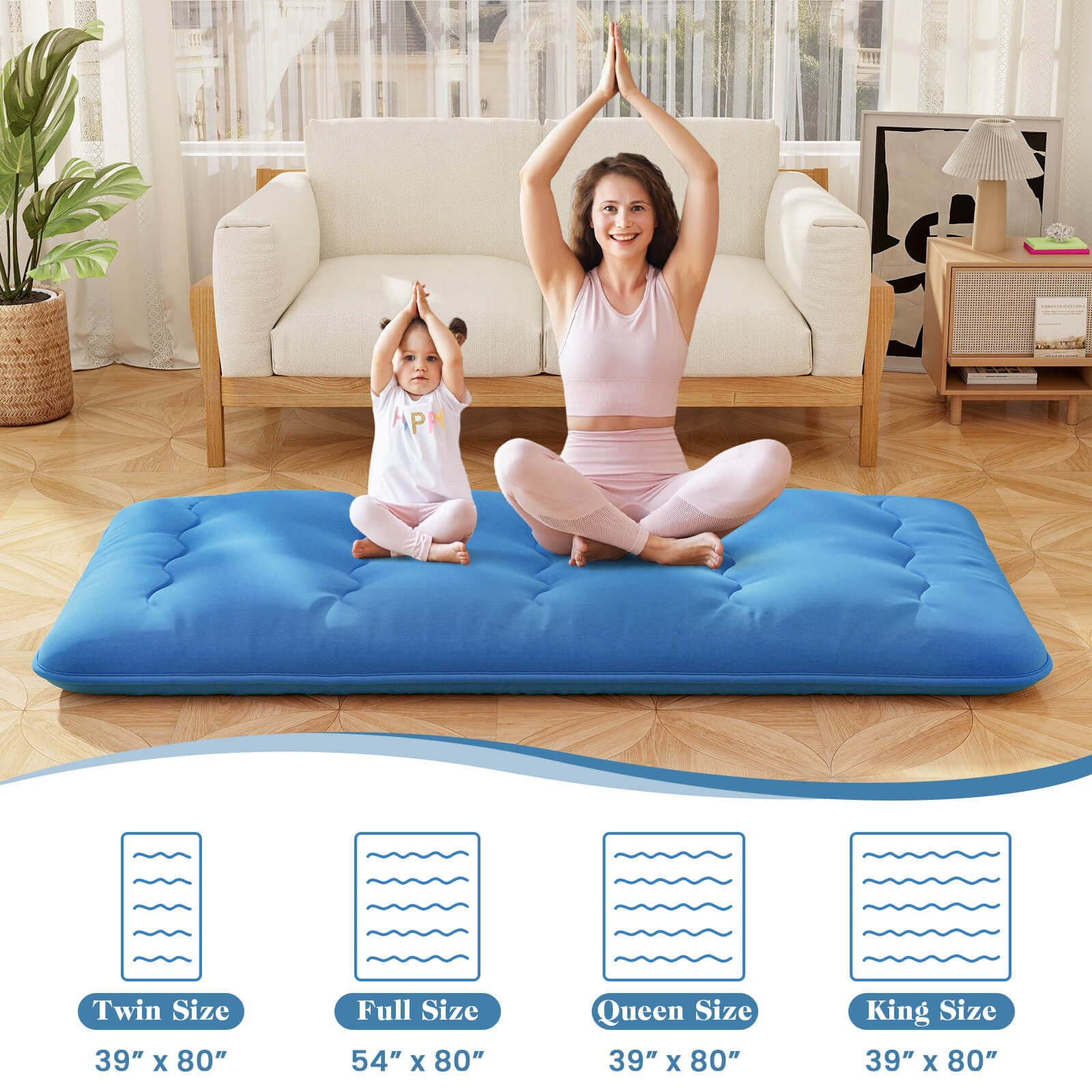 Twin Futon Mattress Japanese Floor Sleeping Pad Washable Cover Carry Bag Blue