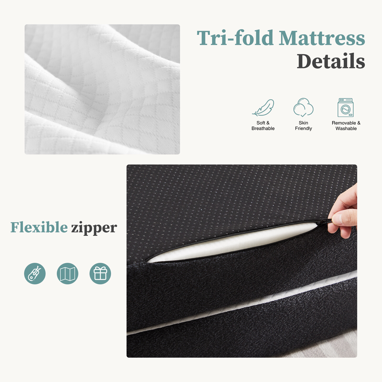 Tri-fold Memory Foam Mattress, Portable Floor Bed, Foldable Mat for Bedroom