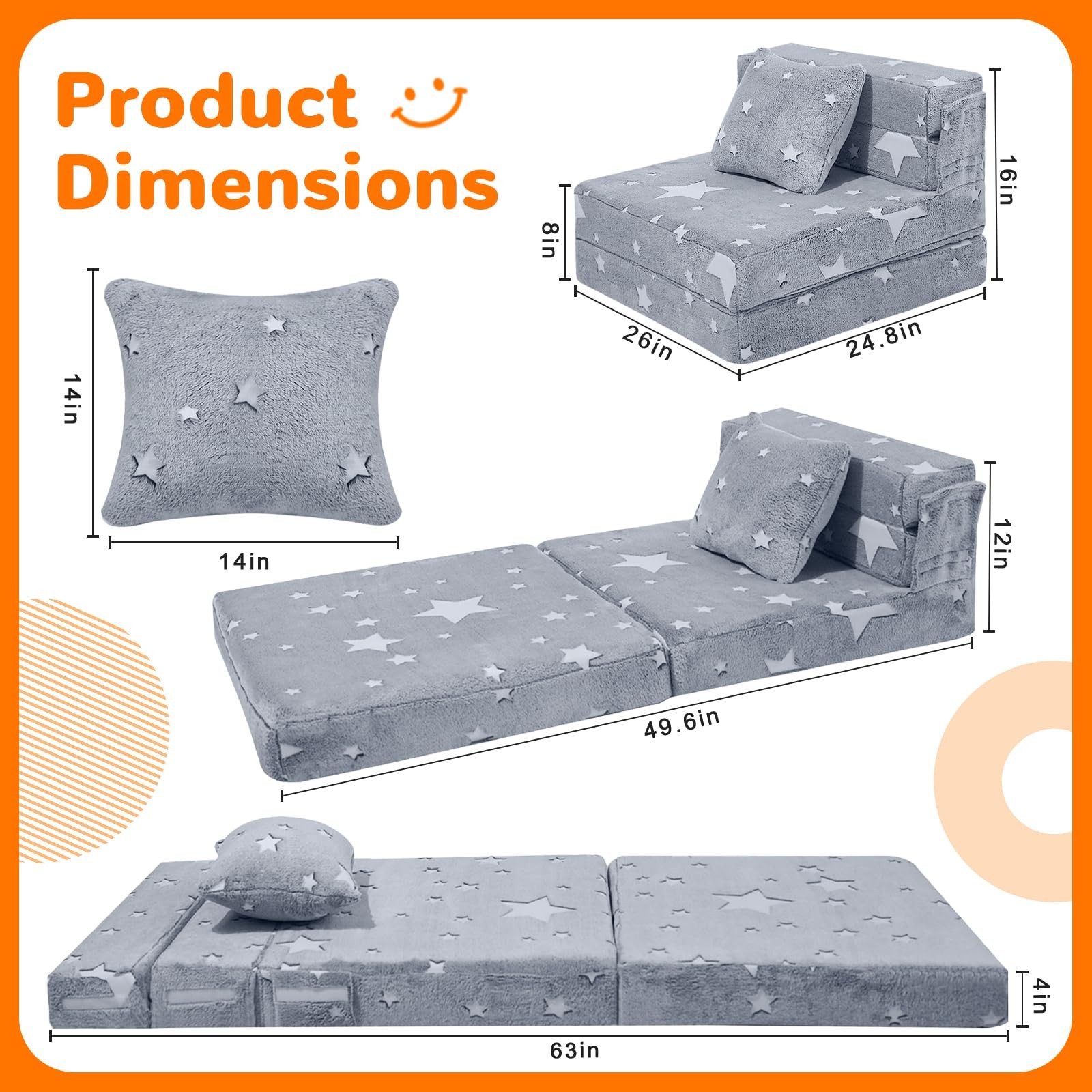 Kids Tri-Fold Sofa Bed – Glow Star Floor Mattress & Foldable Futon Chair Conv…