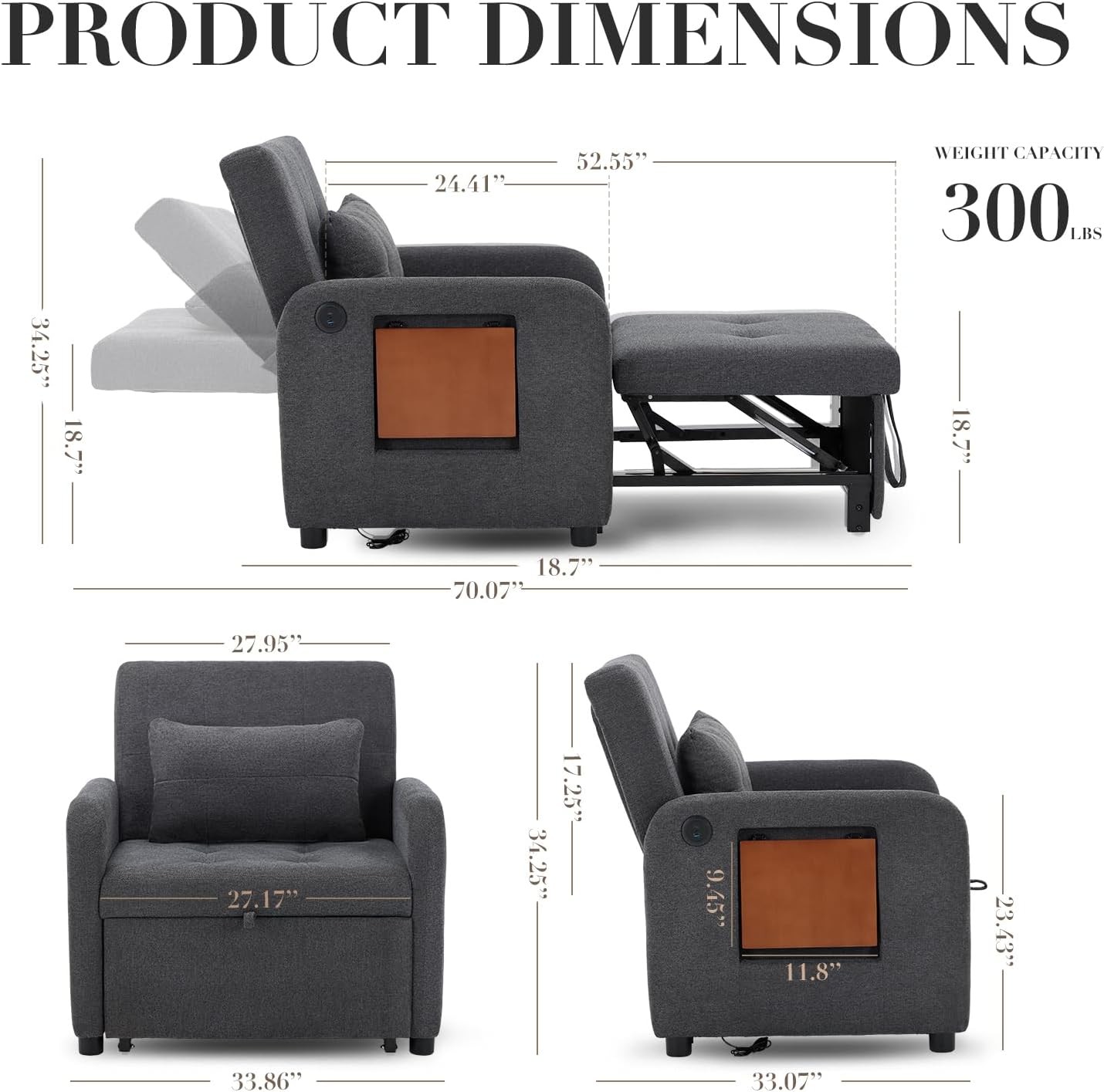 Convertible Sleeper Chair-Fabric Futon Sofa Bed, Single Sleeper