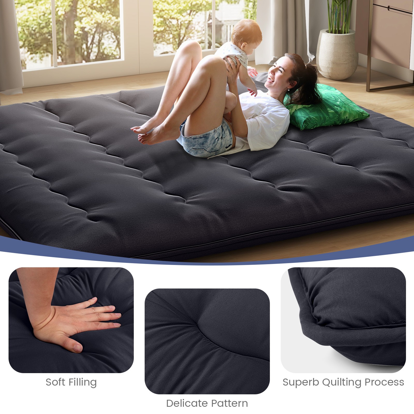 King Futon Mattress Japanese Floor Sleeping Pad Washable Cover Carry Bag Black