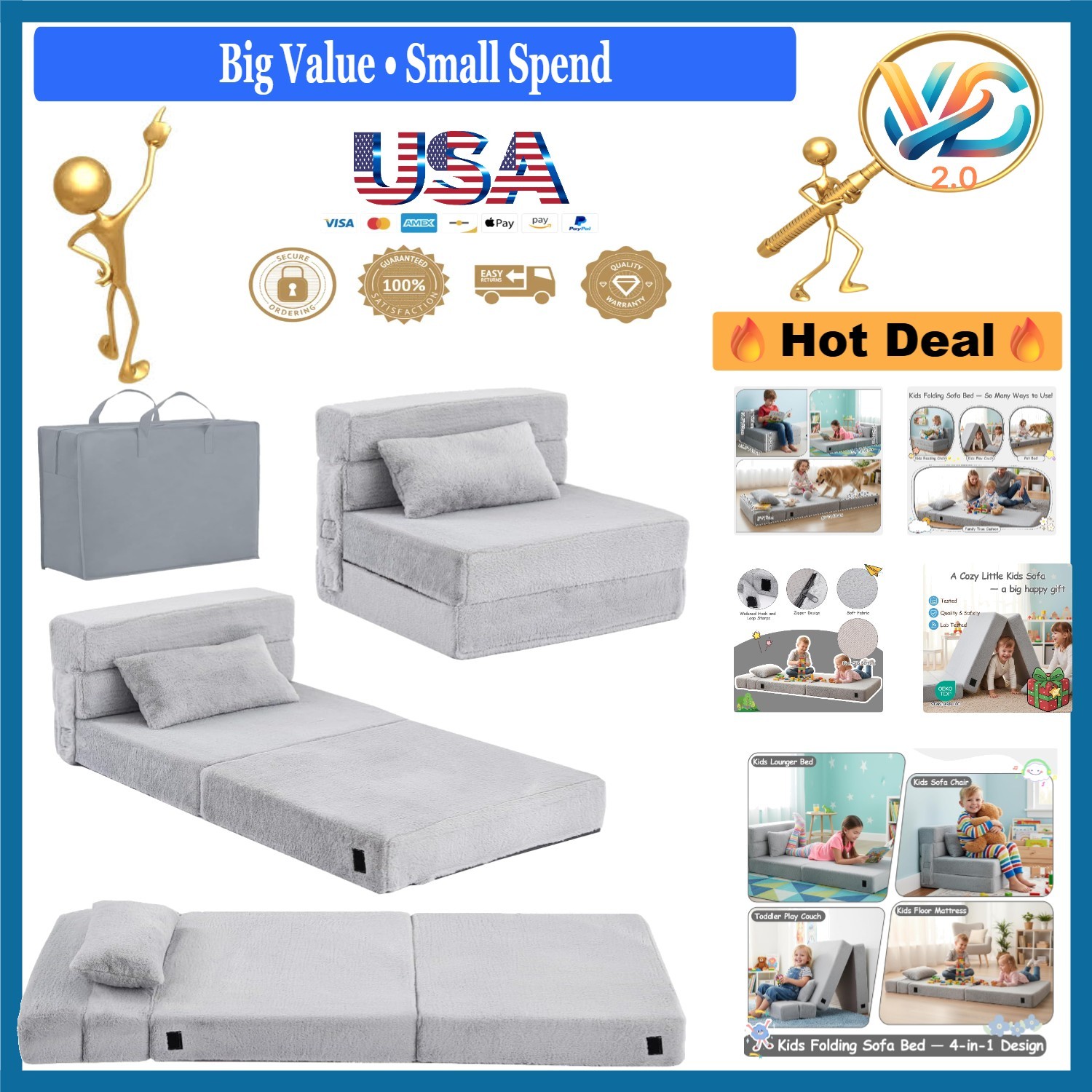 Kids Folding Mattress Kids Floor Couch Sofa with Storage Bag Grey