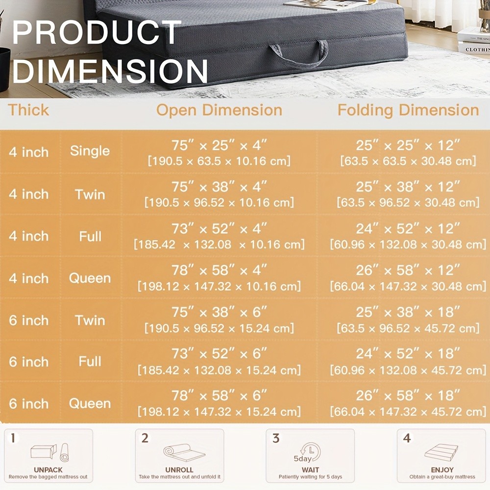 Folding Mattress 4/6in Tri-Fold Memory Foam Mattress Topper Washable Cover Queen