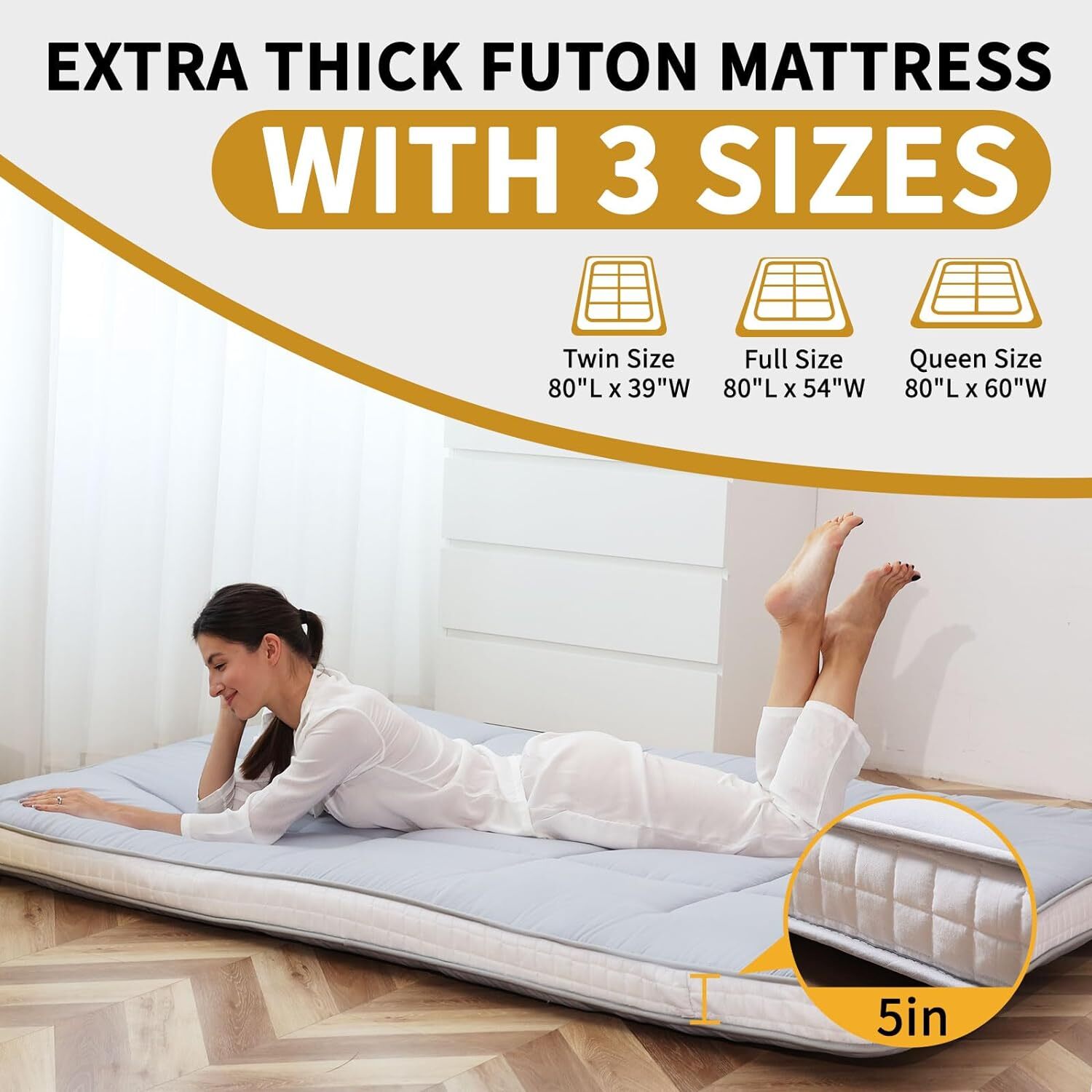 NAIZEA 5 in Extra Thick Futon Floor Mattress, Japanese Folding Roll Up Mattress