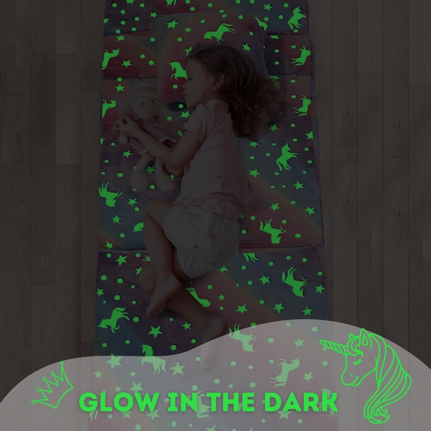 Glow Rainbow Unicorn Tri-fold Sofa Bed for Kids, Foldable Futon Mattress, Cha…
