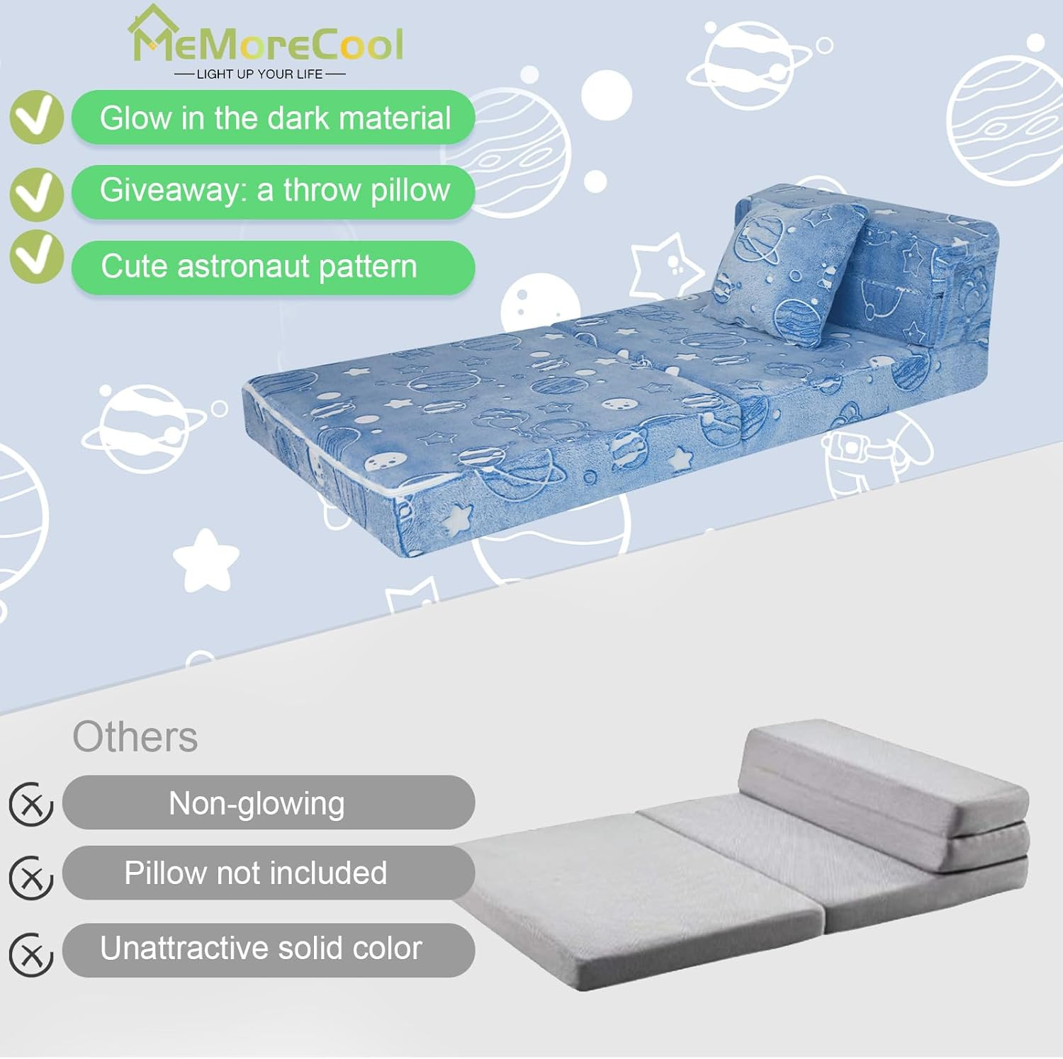 Glow Space-Themed Tri-Fold Sofa Bed for Kids, Foldable Futon Chair and Floor Cou