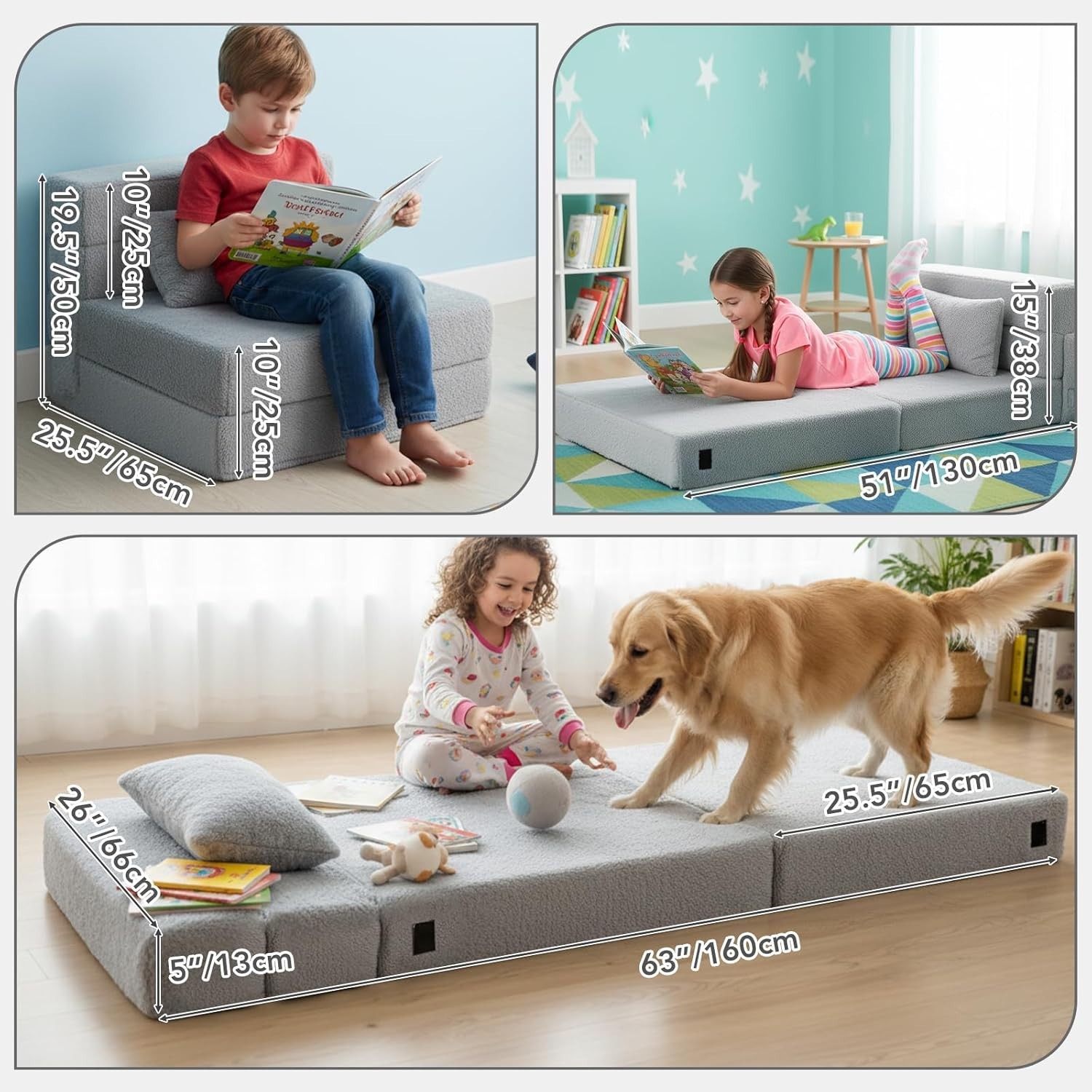 Kids Folding Mattress Kids Floor Couch Sofa with Storage Bag Grey