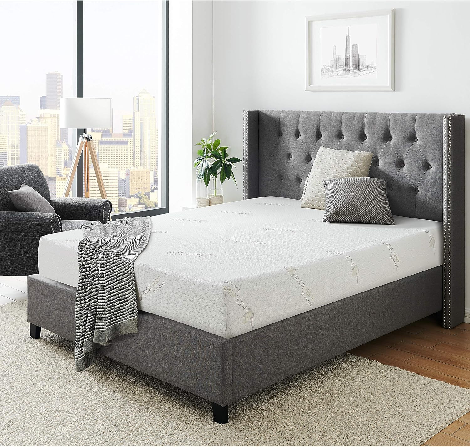 ALOE Luxury Soft Bedroom Aloe Vera Extract Infused Fabric Covered Memory Foam Ma