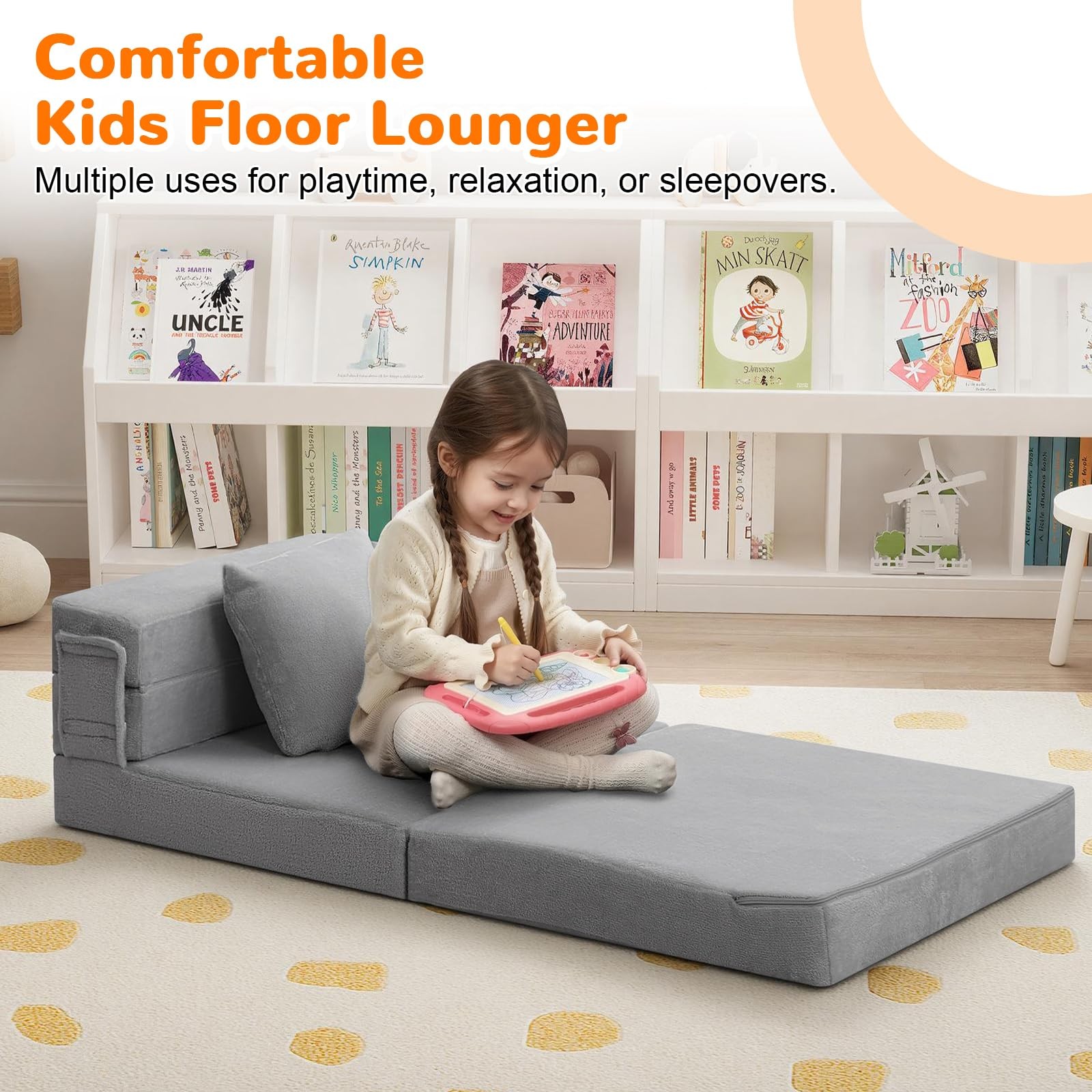 Foldable Futon Chair Bed for Kids, Grey Tri-fold Convertible Toddler Sofa Mat…