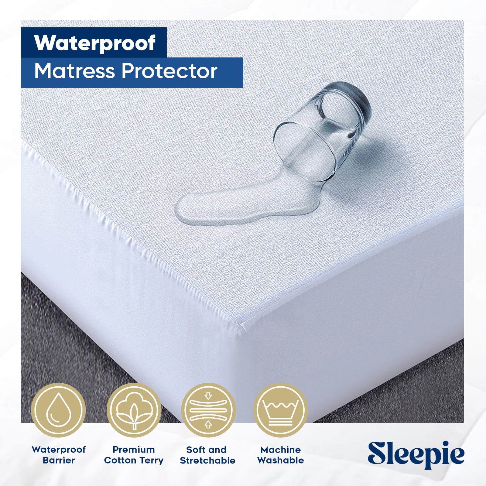 Sleepie Premium Waterproof Mattress Protector – Machine Washable Queen, White