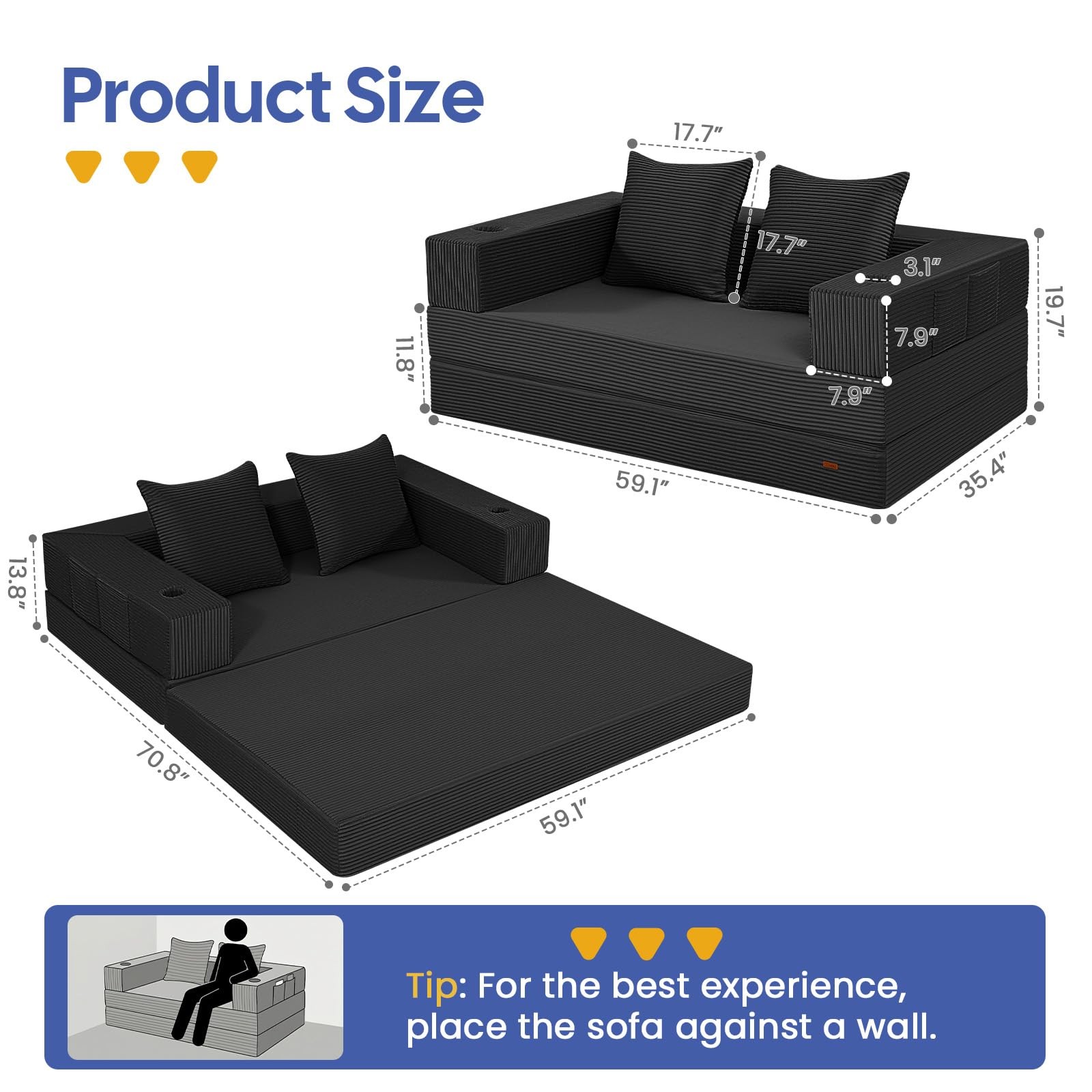 COMAX Futon Sofa Bed, 4‑in‑1 Convertible L-Shaped Loveseat, Black
