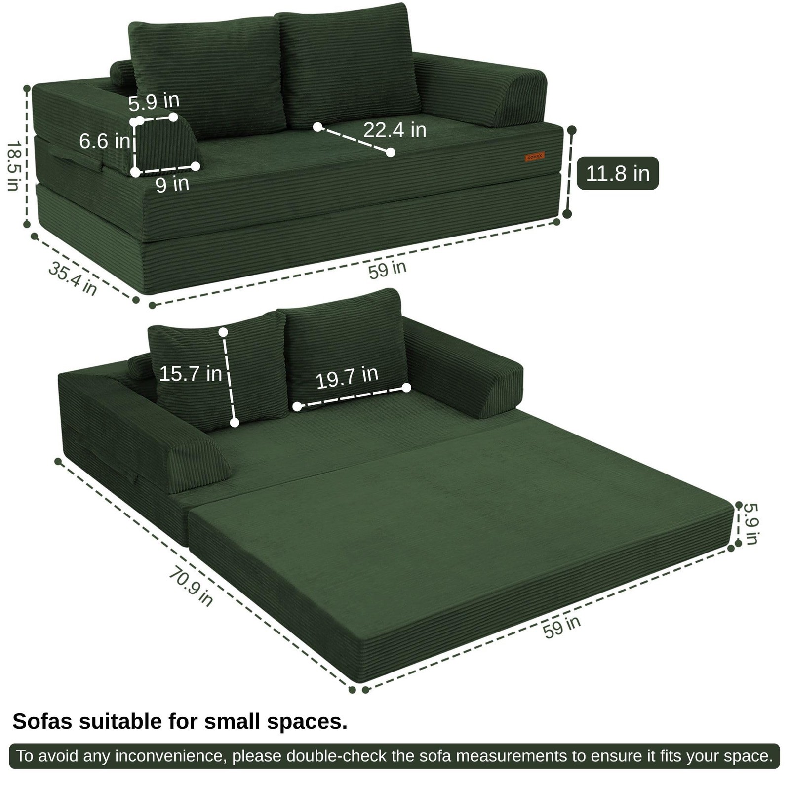 COMAX Convertible Sofa Bed, Folding Floor Couch Loveseat, Green (Loveseat)