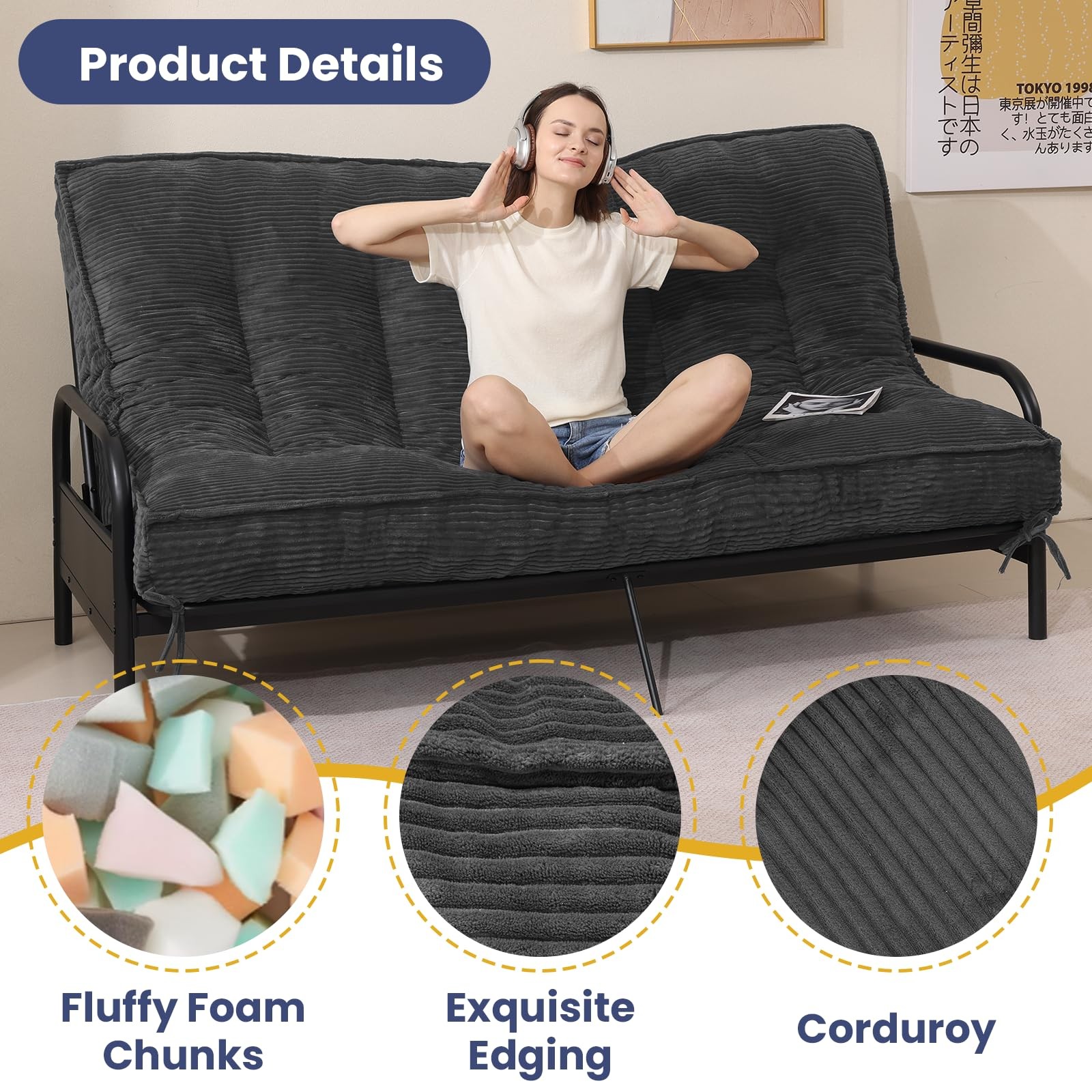 Futon Mattress 8″ Full Size Medium Firm Roll Up Folding Shredded Foam Filling