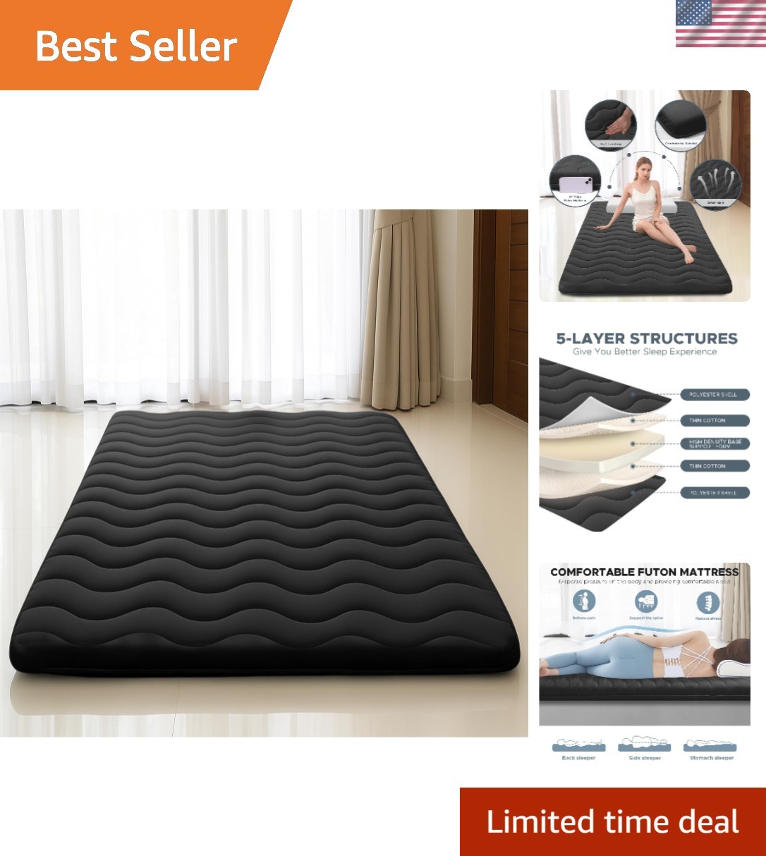 Japanese Floor Mattress, 100% High Density Comfortable Foam, 4″ Thicken Folda…